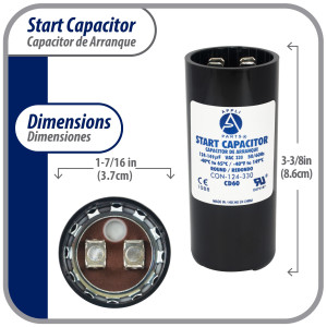 Appli Parts motor start capacitor 124-149 Mfd (microfarads) uF 330 VAC universal fit for electric motor applications 1-7/16 in Wide 3-3/8 in Height CON-124-330
 Appli Parts motor start capacitor 124-149 Mfd (microfarads) uF 330 VAC universal fit for electric motor applications 1-7/16 in Wide 3-3/8 in Height CON-124-330