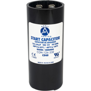 Appli Parts motor start capacitor 124-149 Mfd (microfarads) uF 330 VAC universal fit for electric motor applications 1-7/16 in Wide 3-3/8 in Height CON-124-330
 Appli Parts motor start capacitor 124-149 Mfd (microfarads) uF 330 VAC universal fit for electric motor applications 1-7/16 in Wide 3-3/8 in Height CON-124-330