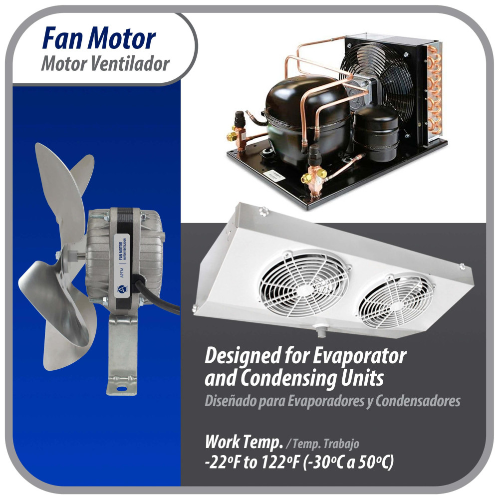 Appli Parts APFM-72E 7W Condenser and Evaporator Fan Motor 220V 60Hz 0.23A, Includes 8in Aluminum Fan Blade and Mounting Base, Universal Replacement for Commercial Refrigeration Units Appli Parts APFM-72E 7W Condenser and Evaporator Fan Motor 220V 60Hz 0.23A, Includes 8in Aluminum Fan Blade and Mounting Base, Universal Replacement for Commercial Refrigeration Units