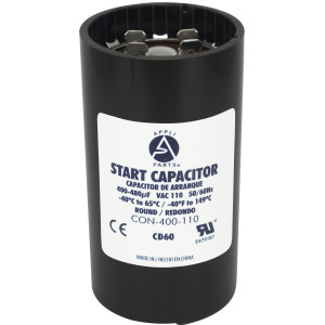 Appli Parts motor start capacitor 400-480 Mfd (microfarads) uF 110-125 VAC universal fit for electric motor applications 1-3/4 in Wide 3-3/8 in Height CON-400-110
 Appli Parts motor start capacitor 400-480 Mfd (microfarads) uF 110-125 VAC universal fit for electric motor applications 1-3/4 in Wide 3-3/8 in Height CON-400-110