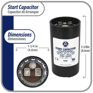 Appli Parts CON-400-110 Motor Start Capacitor 400-480 MFD uF, 110-125 VAC. Universal for Electric Motor Applications, 1.75 in Wide, 3.38 in Height