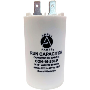 Appli Parts Run Capacitor for electric motors 16 Mfd uF (microfarads) 250VAC Plastic Case with terminals CBB60 Round Universal fit water pumps and others 3-1/8 in High 1-5/8 in Wide CON-16-250-P Appli Parts Run Capacitor for electric motors 16 Mfd uF (microfarads) 250VAC Plastic Case with terminals CBB60 Round Universal fit water pumps and others 3-1/8 in High 1-5/8 in Wide CON-16-250-P
