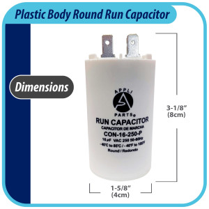 Appli Parts Run Capacitor for electric motors 16 Mfd uF (microfarads) 250VAC Plastic Case with terminals CBB60 Round Universal fit water pumps and others 3-1/8 in High 1-5/8 in Wide CON-16-250-P Appli Parts Run Capacitor for electric motors 16 Mfd uF (microfarads) 250VAC Plastic Case with terminals CBB60 Round Universal fit water pumps and others 3-1/8 in High 1-5/8 in Wide CON-16-250-P