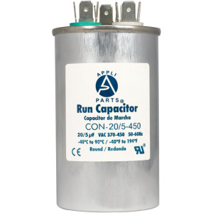 Appli Parts Dual Run Capacitor for ac 20+5 Mfd uF (microfarads) 370VAC or 450VAC CBB65 Round Universal fit for hvac and other applications 3-7/8 in High 2 in Wide CON-20/5-450
 Appli Parts Dual Run Capacitor for ac 20+5 Mfd uF (microfarads) 370VAC or 450VAC CBB65 Round Universal fit for hvac and other applications 3-7/8 in High 2 in Wide CON-20/5-450
