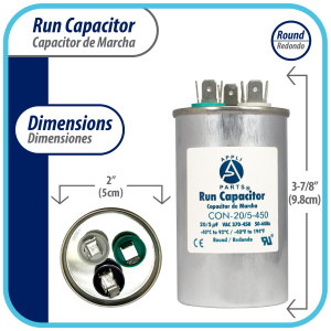 Appli Parts Dual Run Capacitor for ac 20+5 Mfd uF (microfarads) 370VAC or 450VAC CBB65 Round Universal fit for hvac and other applications 3-7/8 in High 2 in Wide CON-20/5-450
 Appli Parts Dual Run Capacitor for ac 20+5 Mfd uF (microfarads) 370VAC or 450VAC CBB65 Round Universal fit for hvac and other applications 3-7/8 in High 2 in Wide CON-20/5-450