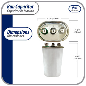 Appli Parts CON-45/5-370 Dual Run Capacitor for ac 45+5 Mfd uF (microfarads) 370VAC CBB65 Oval Universal fit for hvac and other applications 2-3/4in Wide 1-3/4in Depth 4-3/4in High