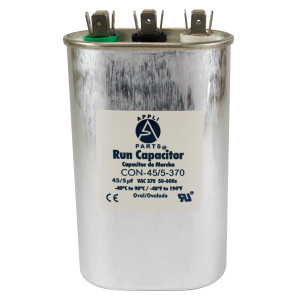 Appli Parts CON-45/5-370 Dual Run Capacitor for ac 45+5 Mfd uF (microfarads) 370VAC CBB65 Oval Universal fit for hvac and other applications 2-3/4in Wide 1-3/4in Depth 4-3/4in High