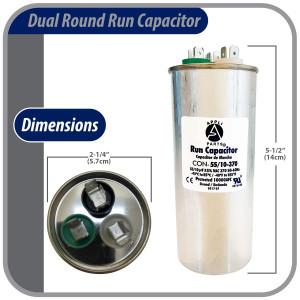 Appli Parts Dual Run Capacitor for ac 55+10 Mfd uF (microfarads) 370VAC CBB65 Round Universal fit for hvac and other applications 2-1/4 in Wide 5-1/2 in Height CON-55/10-370-R
 Appli Parts Dual Run Capacitor for ac 55+10 Mfd uF (microfarads) 370VAC CBB65 Round Universal fit for hvac and other applications 2-1/4 in Wide 5-1/2 in Height CON-55/10-370-R