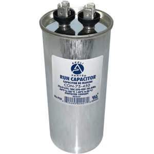 Appli Parts Run Capacitor for ac 75 Mfd uF (microfarads) 370 VAC or 450 VAC CBB65 Round Universal fit for hvac and other applications 5-3/8in High 2-1/8in Wide CON-75-450 Appli Parts Run Capacitor for ac 75 Mfd uF (microfarads) 370 VAC or 450 VAC CBB65 Round Universal fit for hvac and other applications 5-3/8in High 2-1/8in Wide CON-75-450