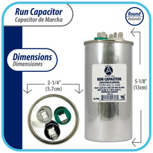 Appli Parts Dual Run Capacitor for ac 60+5 Mfd uF (microfarads) 370VAC or 450VAC CBB65 Round Universal fit for hvac and other applications 5-1/8 in High 2-1/4 in Wide CON-60/5-450 Appli Parts Dual Run Capacitor for ac 60+5 Mfd uF (microfarads) 370VAC or 450VAC CBB65 Round Universal fit for hvac and other applications 5-1/8 in High 2-1/4 in Wide CON-60/5-450