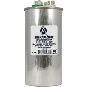 Appli Parts Dual Run Capacitor for ac 60+5 Mfd uF (microfarads) 370VAC or 450VAC CBB65 Round Universal fit for hvac and other applications 5-1/8 in High 2-1/4 in Wide CON-60/5-450 Appli Parts Dual Run Capacitor for ac 60+5 Mfd uF (microfarads) 370VAC or 450VAC CBB65 Round Universal fit for hvac and other applications 5-1/8 in High 2-1/4 in Wide CON-60/5-450