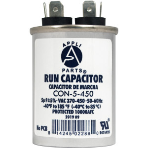 Appli Parts Run Capacitor for ac 5 Mfd uF (microfarads) 370 VAC or 450 VAC CBB65 Round Universal fit for hvac and other applications 2-1/2 in High 1-1/2 in Wide CON-5-450 Appli Parts Run Capacitor for ac 5 Mfd uF (microfarads) 370 VAC or 450 VAC CBB65 Round Universal fit for hvac and other applications 2-1/2 in High 1-1/2 in Wide CON-5-450