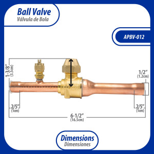 Appli Parts APBV-012 1/2 in Shut Off Ball Valve ODF Universal Replacement 610 psi (4.2 Mpa) max pressure -22 F to 248 F work temperature with 1/4 in SAE service port, with 6-1/2 in overall length Appli Parts APBV-012 1/2 in Shut Off Ball Valve ODF Universal Replacement 610 psi (4.2 Mpa) max pressure -22 F to 248 F work temperature with 1/4 in SAE service port, with 6-1/2 in overall length