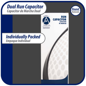 Appli Parts Dual Run Capacitor for ac 75+5 Mfd uF (microfarads) 370VAC or 450VAC CBB65 Round Universal fit for hvac and other applications 5-5/8 in High 2-1/4 in Wide CON-75/5-450 Appli Parts Dual Run Capacitor for ac 75+5 Mfd uF (microfarads) 370VAC or 450VAC CBB65 Round Universal fit for hvac and other applications 5-5/8 in High 2-1/4 in Wide CON-75/5-450