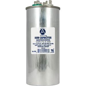 Appli Parts Dual Run Capacitor for ac 75+5 Mfd uF (microfarads) 370VAC or 450VAC CBB65 Round Universal fit for hvac and other applications 5-5/8 in High 2-1/4 in Wide CON-75/5-450 Appli Parts Dual Run Capacitor for ac 75+5 Mfd uF (microfarads) 370VAC or 450VAC CBB65 Round Universal fit for hvac and other applications 5-5/8 in High 2-1/4 in Wide CON-75/5-450