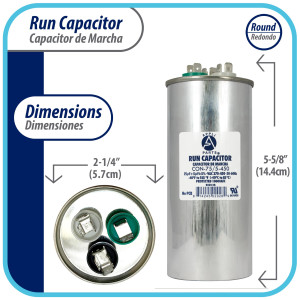 Appli Parts Dual Run Capacitor for ac 75+5 Mfd uF (microfarads) 370VAC or 450VAC CBB65 Round Universal fit for hvac and other applications 5-5/8 in High 2-1/4 in Wide CON-75/5-450 Appli Parts Dual Run Capacitor for ac 75+5 Mfd uF (microfarads) 370VAC or 450VAC CBB65 Round Universal fit for hvac and other applications 5-5/8 in High 2-1/4 in Wide CON-75/5-450