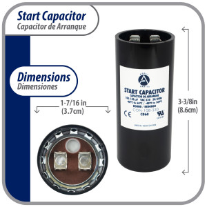 Appli Parts motor start capacitor 108-130 Mfd (microfarads) uF 330 VAC universal fit for electric motor applications 1-7/16 in Wide 3-3/8 in Height CON-108-330
 Appli Parts motor start capacitor 108-130 Mfd (microfarads) uF 330 VAC universal fit for electric motor applications 1-7/16 in Wide 3-3/8 in Height CON-108-330