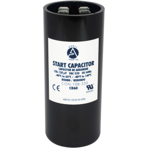 Appli Parts motor start capacitor 108-130 Mfd (microfarads) uF 330 VAC universal fit for electric motor applications 1-7/16 in Wide 3-3/8 in Height CON-108-330
 Appli Parts motor start capacitor 108-130 Mfd (microfarads) uF 330 VAC universal fit for electric motor applications 1-7/16 in Wide 3-3/8 in Height CON-108-330