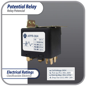 Appli Parts APPR-064 Potential Relay 064, Coil Voltage 395 V, Min Pick up 260 V, Max Pick up 275 V, Max Drop Out 120 V, 50/60 Hz Universal replacement for HVAC and Refrigeration units Appli Parts APPR-064 Potential Relay 064, Coil Voltage 395 V, Min Pick up 260 V, Max Pick up 275 V, Max Drop Out 120 V, 50/60 Hz Universal replacement for HVAC and Refrigeration units