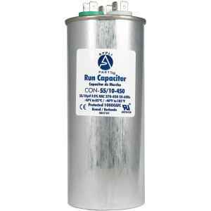 Appli Parts Dual Run Capacitor for ac 55+10 Mfd uF (microfarads) 370VAC or 450VAC CBB65 Round Universal fit for hvac and other applications 5-5/8 in High 2-1/8 in Wide CON-55/10-450 Appli Parts Dual Run Capacitor for ac 55+10 Mfd uF (microfarads) 370VAC or 450VAC CBB65 Round Universal fit for hvac and other applications 5-5/8 in High 2-1/8 in Wide CON-55/10-450
