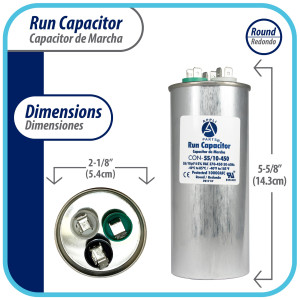 Appli Parts Dual Run Capacitor for ac 55+10 Mfd uF (microfarads) 370VAC or 450VAC CBB65 Round Universal fit for hvac and other applications 5-5/8 in High 2-1/8 in Wide CON-55/10-450 Appli Parts Dual Run Capacitor for ac 55+10 Mfd uF (microfarads) 370VAC or 450VAC CBB65 Round Universal fit for hvac and other applications 5-5/8 in High 2-1/8 in Wide CON-55/10-450