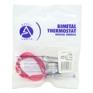 Appli Parts APBT-L70C Bimetal Thermostat 2 Wire, Open 70 F and Close 50 F, With Clip, red and red colored wires, Reference BIM-70 / Thermodisc Appli Parts APBT-L70C Bimetal Thermostat 2 Wire, Open 70 F and Close 50 F, With Clip, red and red colored wires, Reference BIM-70 / Thermodisc