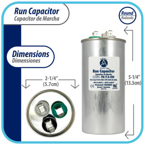 Appli Parts Dual Run Capacitor for ac 70+7.5 Mfd uF (microfarads) 370VAC or 450VAC CBB65 Round Universal fit for hvac and other applications 5-1/4 in High 2-1/4 in Wide CON-70/7.5-450 Appli Parts Dual Run Capacitor for ac 70+7.5 Mfd uF (microfarads) 370VAC or 450VAC CBB65 Round Universal fit for hvac and other applications 5-1/4 in High 2-1/4 in Wide CON-70/7.5-450