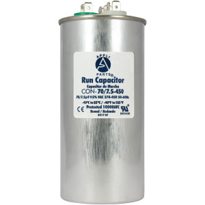 Appli Parts Dual Run Capacitor for ac 70+7.5 Mfd uF (microfarads) 370VAC or 450VAC CBB65 Round Universal fit for hvac and other applications 5-1/4 in High 2-1/4 in Wide CON-70/7.5-450 Appli Parts Dual Run Capacitor for ac 70+7.5 Mfd uF (microfarads) 370VAC or 450VAC CBB65 Round Universal fit for hvac and other applications 5-1/4 in High 2-1/4 in Wide CON-70/7.5-450