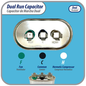 Appli Parts CON-55/5-370 Dual Run Capacitor for ac 55+5 Mfd uF (microfarads) 370VAC CBB65 Oval Universal fit for hvac and other applications 2-3/4in Wide 1-3/4in Depth 5-1/4in High