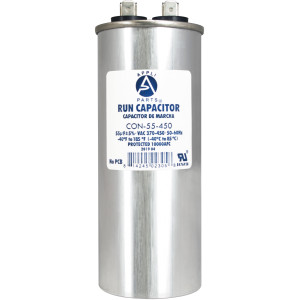 Appli Parts Run Capacitor for ac 55 Mfd uF (microfarads) 370 VAC or 450 VAC CBB65 Round Universal fit for hvac and other applications 5-1/4 in High 1-7/8 in Wide CON-55-450 Appli Parts Run Capacitor for ac 55 Mfd uF (microfarads) 370 VAC or 450 VAC CBB65 Round Universal fit for hvac and other applications 5-1/4 in High 1-7/8 in Wide CON-55-450