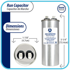 Appli Parts Run Capacitor for ac 55 Mfd uF (microfarads) 370 VAC or 450 VAC CBB65 Round Universal fit for hvac and other applications 5-1/4 in High 1-7/8 in Wide CON-55-450 Appli Parts Run Capacitor for ac 55 Mfd uF (microfarads) 370 VAC or 450 VAC CBB65 Round Universal fit for hvac and other applications 5-1/4 in High 1-7/8 in Wide CON-55-450