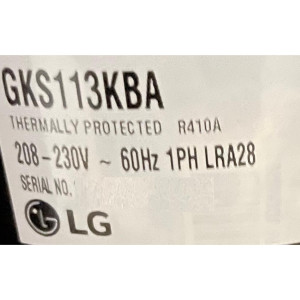 LG Compressor Rotary fixed speed 208-230V/1Ph/60Hz LRA 56 Compatible with R410A, Thermally Protected internal OLP GKS113KBA 201401601383 11103010001056 
Fits: EACM012C11B Midea PAC13037 PAC120371