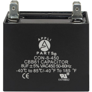 Appli Parts Fan Capacitor 8 mfd (microfarads) uf 450 VAC 4 Terminal Connections compatible with any brand within the same range of capacitance 1-7/8in Width 1in Depth 1-7/8in Height CAP-8-450 Appli Parts Fan Capacitor 8 mfd (microfarads) uf 450 VAC 4 Terminal Connections compatible with any brand within the same range of capacitance 1-7/8in Width 1in Depth 1-7/8in Height CAP-8-450