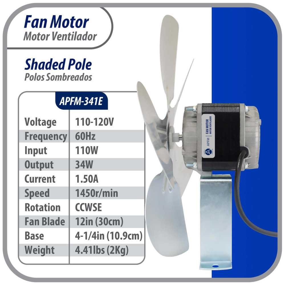 Appli Parts APFM-341E 34W Condenser and Evaporator Fan Motor 115V 60Hz 1.5A, Includes 12in Aluminum Fan Blade and Mounting Base, Universal Replacement for Commercial Refrigeration Units Appli Parts APFM-341E 34W Condenser and Evaporator Fan Motor 115V 60Hz 1.5A, Includes 12in Aluminum Fan Blade and Mounting Base, Universal Replacement for Commercial Refrigeration Units