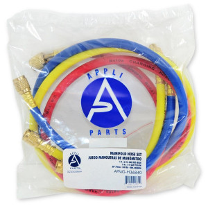 Appli Parts APMG-H36840 36 in Long 1/4 in SAE x 5/16 in SAE Red/Blue Hose, 1/4 in x 1/4 in SAE Yellow Refrigerant Hoses for use with HVAC Manifold gauges R410, rated 800-4000psi, for R410 AC systems