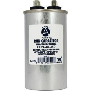 Appli Parts Run Capacitor for ac 40 Mfd uF (microfarads) 370 VAC or 450 VAC CBB65 Round Universal fit for hvac and other applications 4 in High 2 in Wide CON-40-450 Appli Parts Run Capacitor for ac 40 Mfd uF (microfarads) 370 VAC or 450 VAC CBB65 Round Universal fit for hvac and other applications 4 in High 2 in Wide CON-40-450