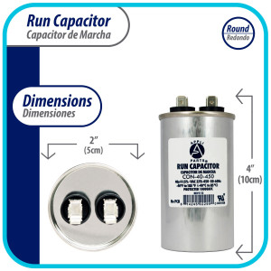 Appli Parts Run Capacitor for ac 40 Mfd uF (microfarads) 370 VAC or 450 VAC CBB65 Round Universal fit for hvac and other applications 4 in High 2 in Wide CON-40-450 Appli Parts Run Capacitor for ac 40 Mfd uF (microfarads) 370 VAC or 450 VAC CBB65 Round Universal fit for hvac and other applications 4 in High 2 in Wide CON-40-450