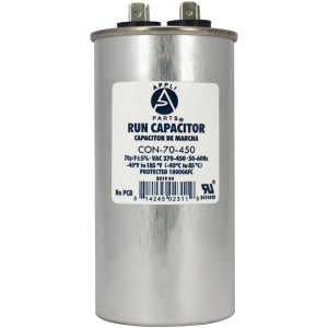 Appli Parts Run Capacitor for ac 70 Mfd uF (microfarads) 370 VAC or 450 VAC CBB65 Round Universal fit for hvac and other applications 4-3/4 in High 2 in Wide CON-70-450 Appli Parts Run Capacitor for ac 70 Mfd uF (microfarads) 370 VAC or 450 VAC CBB65 Round Universal fit for hvac and other applications 4-3/4 in High 2 in Wide CON-70-450