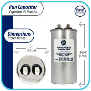 Appli Parts Run Capacitor for ac 70 Mfd uF (microfarads) 370 VAC or 450 VAC CBB65 Round Universal fit for hvac and other applications 4-3/4 in High 2 in Wide CON-70-450 Appli Parts Run Capacitor for ac 70 Mfd uF (microfarads) 370 VAC or 450 VAC CBB65 Round Universal fit for hvac and other applications 4-3/4 in High 2 in Wide CON-70-450