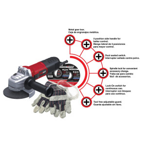 Promaker PRO-ES750KIT 4-1/2 in Angle Grinder 750 W 120 V 6.5 Amp 11000 RPM includes side handle, wrench, carbon brushes, abrasive wheels, gloves and goggles, 6.5 ft cord