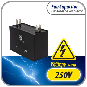 Appli Parts Fan Capacitor 18 mfd (microfarads) uf 250 VAC with 4 Terminal Connections compatible with any brand within the same range of capacitance 2-1/4in Width 7/8in Depth 1-7/8in Height CAP-18-250 Appli Parts Fan Capacitor 18 mfd (microfarads) uf 250 VAC with 4 Terminal Connections compatible with any brand within the same range of capacitance 2-1/4in Width 7/8in Depth 1-7/8in Height CAP-18-250
