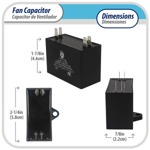 Appli Parts Fan Capacitor 18 mfd (microfarads) uf 250 VAC with 4 Terminal Connections compatible with any brand within the same range of capacitance 2-1/4in Width 7/8in Depth 1-7/8in Height CAP-18-250 Appli Parts Fan Capacitor 18 mfd (microfarads) uf 250 VAC with 4 Terminal Connections compatible with any brand within the same range of capacitance 2-1/4in Width 7/8in Depth 1-7/8in Height CAP-18-250