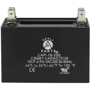 Appli Parts Fan Capacitor 18 mfd (microfarads) uf 250 VAC with 4 Terminal Connections compatible with any brand within the same range of capacitance 2-1/4in Width 7/8in Depth 1-7/8in Height CAP-18-250 Appli Parts Fan Capacitor 18 mfd (microfarads) uf 250 VAC with 4 Terminal Connections compatible with any brand within the same range of capacitance 2-1/4in Width 7/8in Depth 1-7/8in Height CAP-18-250