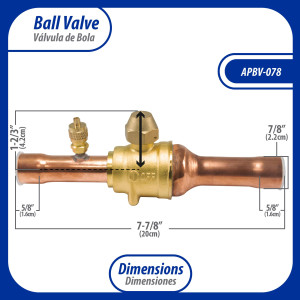 Appli Parts APBV-078 7/8 in Shut Off Ball Valve ODF Universal Replacement 610 psi (4.2 Mpa) max pressure -22 F to 248 F work temperature with 1/4 in SAE service port, with 7-7/8 in overall length Appli Parts APBV-078 7/8 in Shut Off Ball Valve ODF Universal Replacement 610 psi (4.2 Mpa) max pressure -22 F to 248 F work temperature with 1/4 in SAE service port, with 7-7/8 in overall length