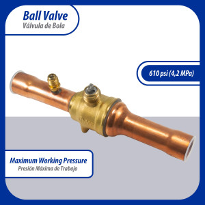 Appli Parts APBV-078 7/8 in Shut Off Ball Valve ODF Universal Replacement 610 psi (4.2 Mpa) max pressure -22 F to 248 F work temperature with 1/4 in SAE service port, with 7-7/8 in overall length Appli Parts APBV-078 7/8 in Shut Off Ball Valve ODF Universal Replacement 610 psi (4.2 Mpa) max pressure -22 F to 248 F work temperature with 1/4 in SAE service port, with 7-7/8 in overall length