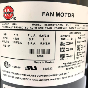 US Motors 1/2 hp 1725 rpm, 4 poles, 1 shaft, TEAO Enclosure, 1 speed, 5.6 diameter, 48 Frame CCW Lead End Reversible 115-230V/60Hz/1Ph 20mfd/370Vac Run Capacitor 1899 K055DTS1234012B, K55HXDTS-1234 US Motors 1/2 hp 1725 rpm, 4 poles, 1 shaft, TEAO Enclosure, 1 speed, 5.6 diameter, 48 Frame CCW Lead End Reversible 115-230V/60Hz/1Ph 20mfd/370Vac Run Capacitor 1899 K055DTS1234012B, K55HXDTS-1234
