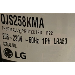 LG Rotary Compressor 18,000Btu R22 208-230V 1Ph 60Hz Internal OLP, Includes Cover, Gasket, Washer, Nut, Damper Rubber, Uses Capacitor 40mfd 370vac (Not Included), LG QJ258KDA, QJS258KMA, QJS258KMA