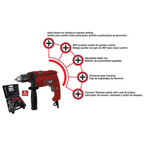 Promaker 1-2in Hammer Drill PRO-TP550KIT Includes Drill, Side Handle, Depth Rod, Key Chuck, Plastic Box, Accessories, Organizer Box, 120V 60Hz, 4.7A, 550W, 0-3000rpm, Chuck 1-2in (13mm), 4.84Lb 6.5ft