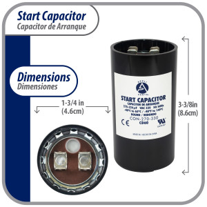 Appli Parts motor start capacitor 270-324 Mfd (microfarads) uF 330 VAC universal fit for electric motor applications 1-3/4 in Wide 3-3/8 in Height CON-270-330
 Appli Parts motor start capacitor 270-324 Mfd (microfarads) uF 330 VAC universal fit for electric motor applications 1-3/4 in Wide 3-3/8 in Height CON-270-330