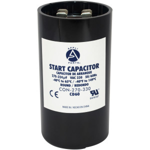 Appli Parts motor start capacitor 270-324 Mfd (microfarads) uF 330 VAC universal fit for electric motor applications 1-3/4 in Wide 3-3/8 in Height CON-270-330
 Appli Parts motor start capacitor 270-324 Mfd (microfarads) uF 330 VAC universal fit for electric motor applications 1-3/4 in Wide 3-3/8 in Height CON-270-330